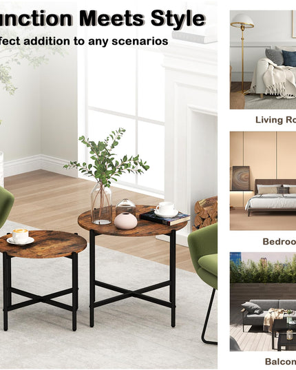 Giantex Round Coffee Table Set of 2, Nesting Tables with Metal Frame, Imitated Wood Grain Top