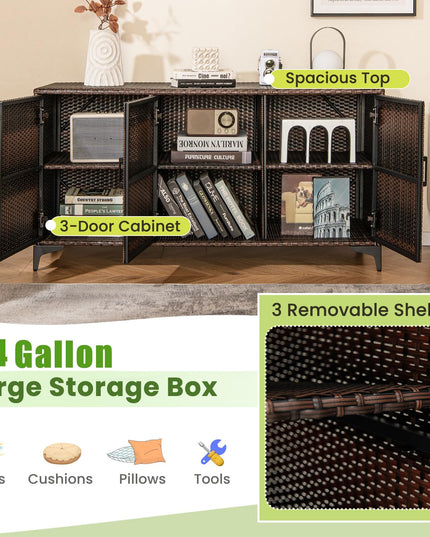 Giantex 84-Gallon Wicker Deck Box - Patio Storage Cabinet, 3-Door PE Rattan Storage Container with Removable Shelves