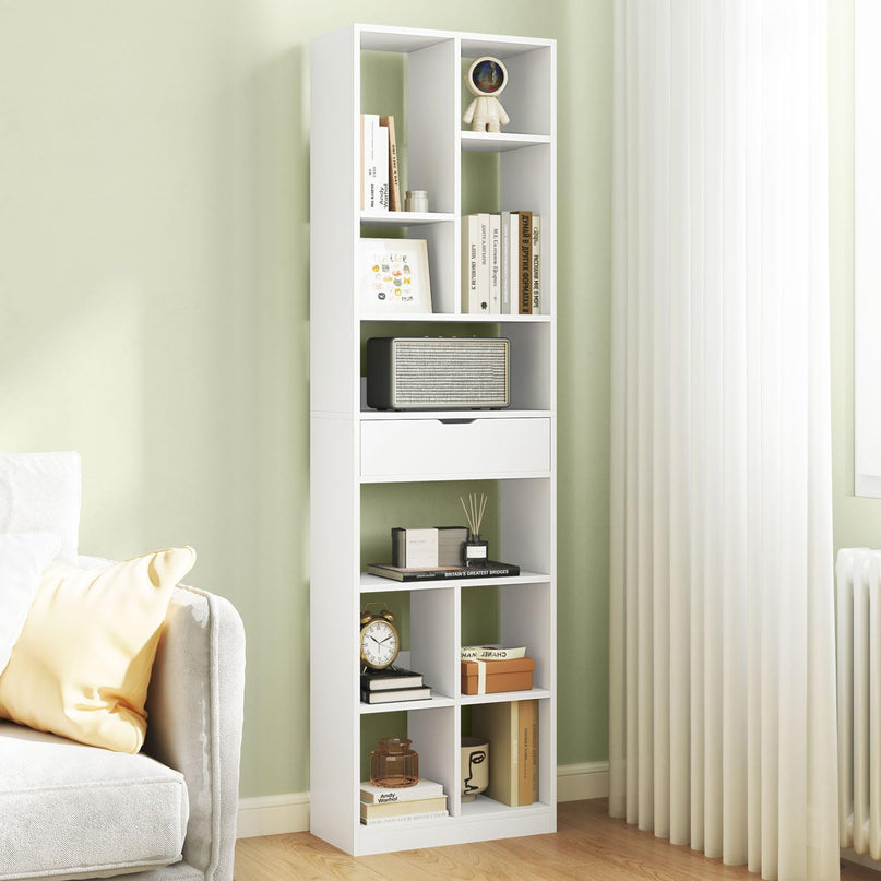 Giantex 71" Bookcase with Drawer with 10 Open Cubes