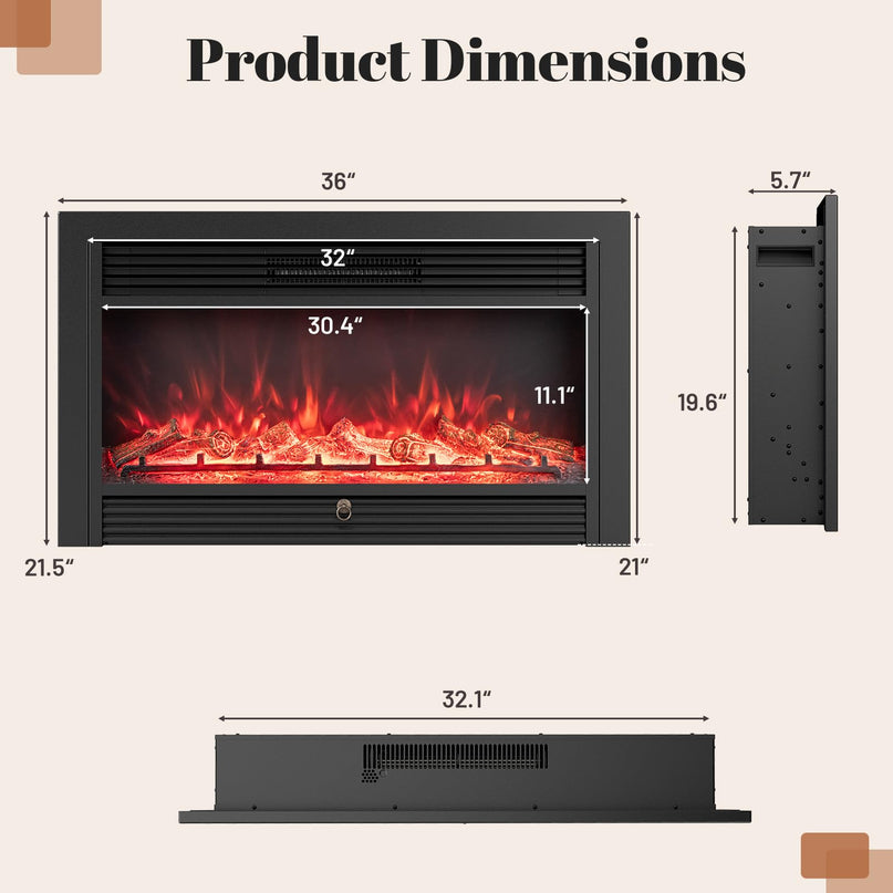 Giantex 36" Electric Fireplace Insert with Remote Control 2 Modes Heat & 8H Timer