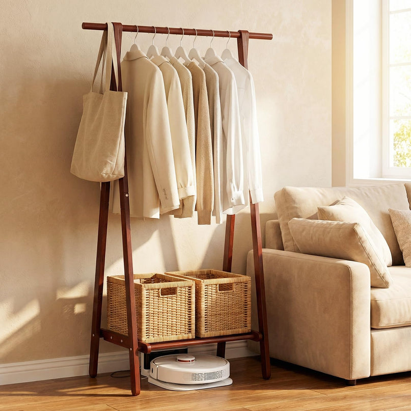 Giantex Solid Rubber Wood Clothes Hanging Stand with Storage Shelf for Garments Hats Handbags