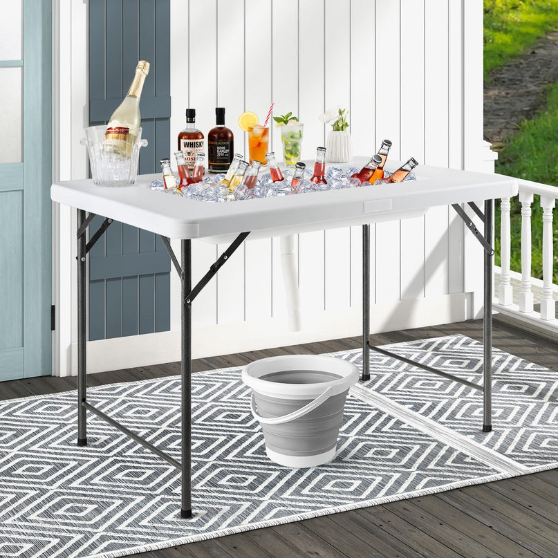 Giantex 48" x 32" HDPE Foldable Ice Bin Table with Drain & Bucket Removable Skirt