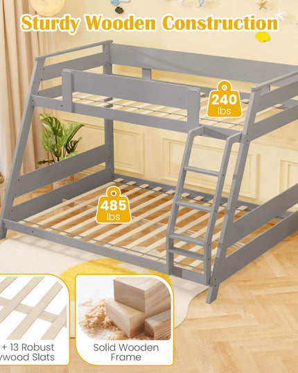 Giantex Wood Bunk Beds Twin Over Full Size, Solid Wood Floor Low Bunk Bed w/Removable Ladder