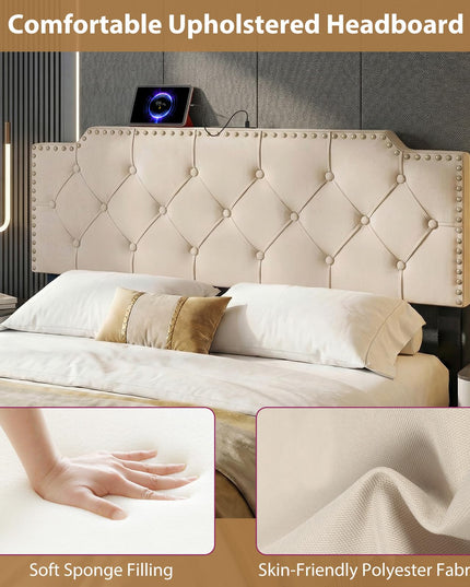 Giantex Headboard with Charging Station Queen/Full Size Rivet Tufted Upholstered（Riveted Diamond Tufting with Charging）