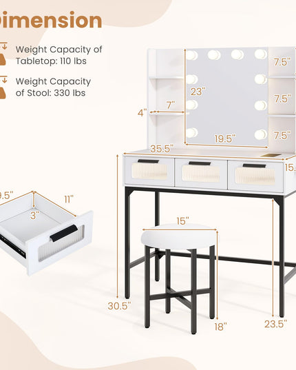 Vanity Desk with Mirror and Lights, White Makeup Vanity Desk with Charging Station