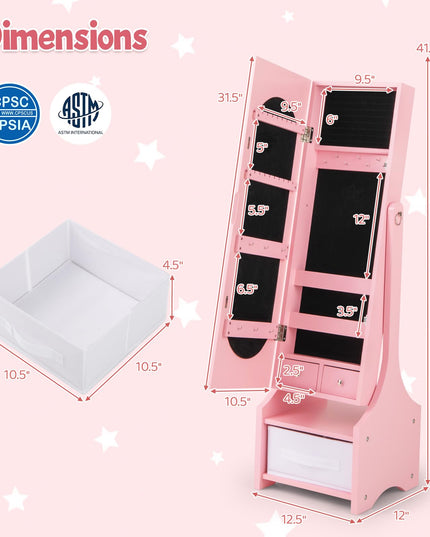 CHARMAID Kids Mirror Jewelry Armoire Cabinet - Standing jewelry Organizer for Girls