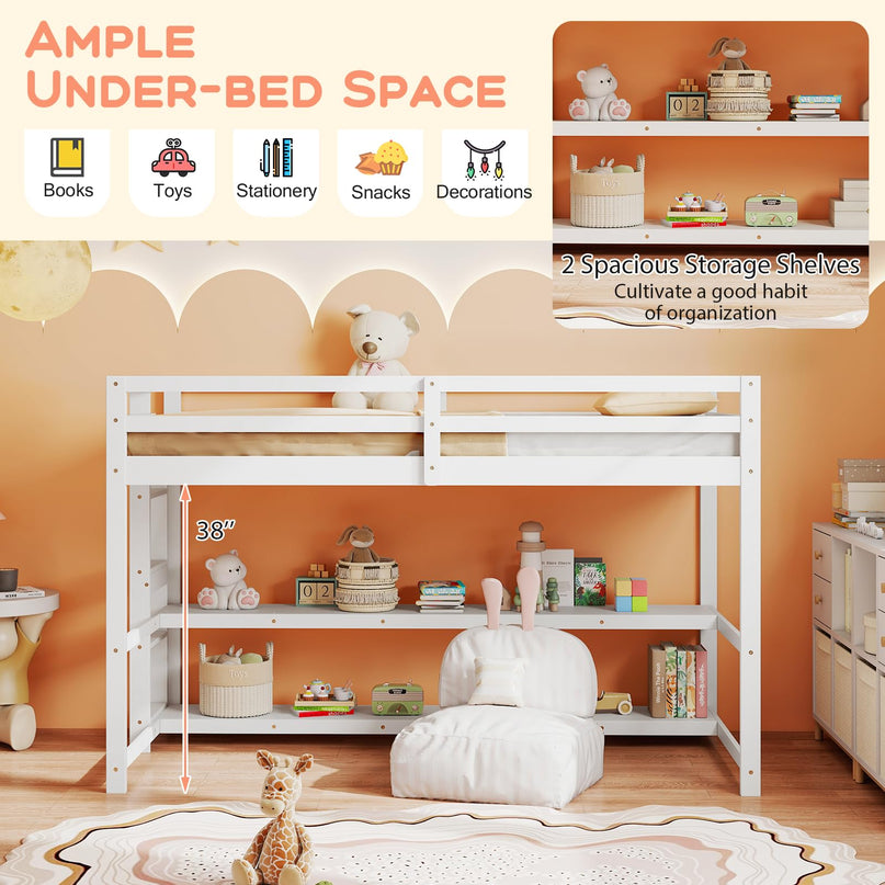 Giantex Twin Wooden Loft Bed with Full-Length Guardrails & Ladder