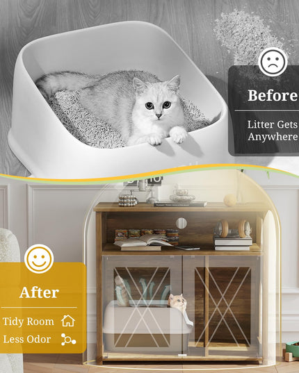 Giantex Cat Litter Box Enclosure - Litter Box Hidden Furniture with Barn Door, Inner Divider, Side Entry, Storage Shelf