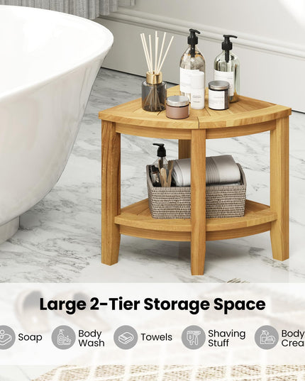 Giantex Corner Shower Stool - Teak Wood Shower Bench Seat with Storage Shelf for Shaving Legs