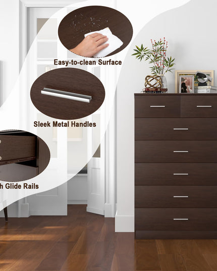 Giantex 7 Drawers Dresser for Bedroom - Wooden Chest of Drawers with Anti-toppling Device