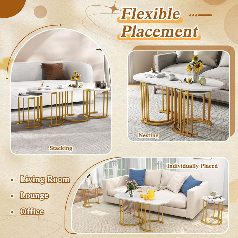Lot de 3 tables basses gigognes Giantex, tables d'appoint empilables avec plateau en faux marbre et cadre en métal doré