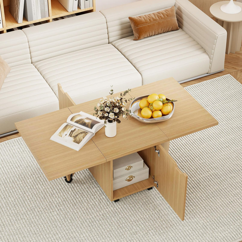 Giantex 48 Inch Drop Leaf Extendable Center Table with Storage Cabinet & Wheels
