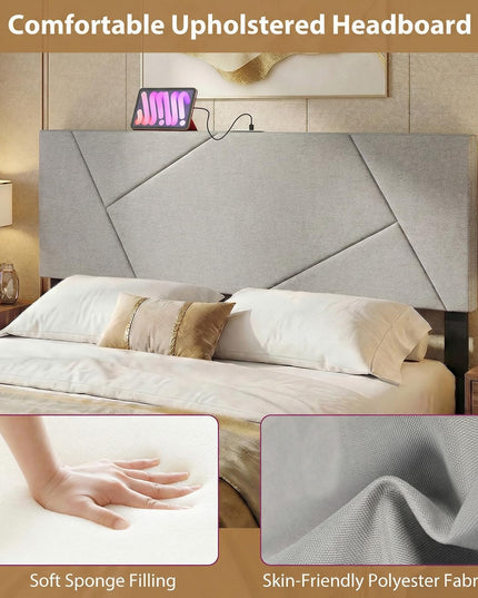 Giantex Headboard with Charging Station Queen/Full Size(Geometric Channel Tufting with Charging）