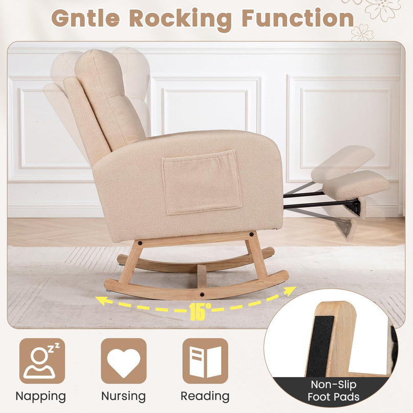 GIANTEX Nursery Rocking Chair | Teddy Upholstered Glider Chair with Footrest