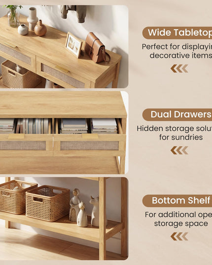 Giantex 40" Rattan Console Table with 2 Drawers & Shelf, 2 Anti-Tipping Kits