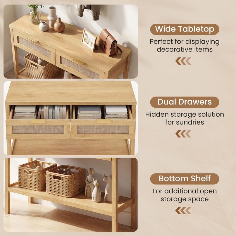 Giantex Table console en rotin de 101,6 cm avec 2 tiroirs et étagère, 2 kits anti-basculement
