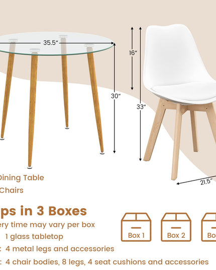 Giantex Dining Table Set for 4, Modern 5-Piece Dining Room Set w/ 1 Round Tempered Glass Table & 4 High Back Chairs