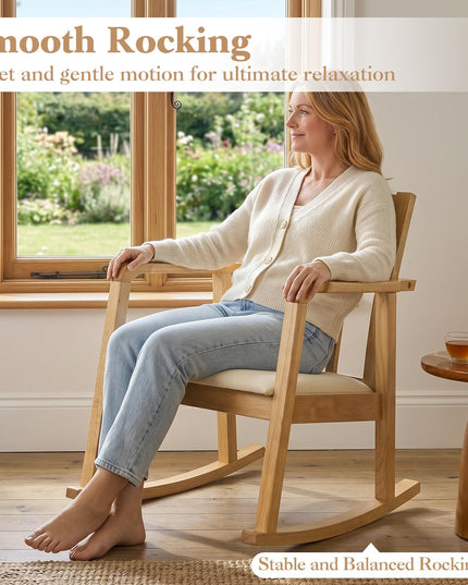 Giantex Solid Rubber Wooden Rocking Chair with Fabric Upholstered Seat (1/2)