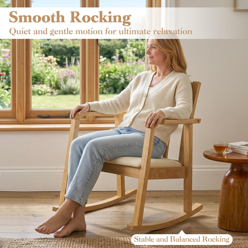 Giantex Solid Rubber Wooden Rocking Chair with Fabric Upholstered Seat (1/2)