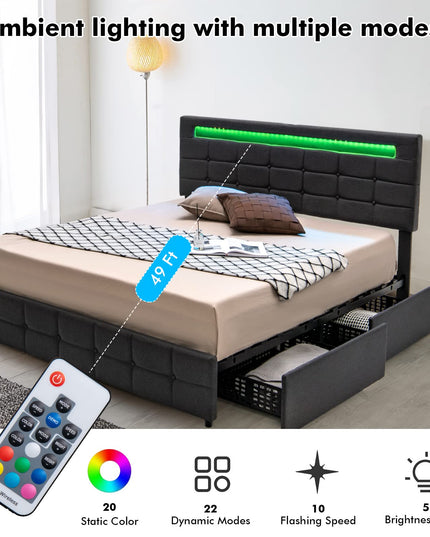 Giantex Queen Bed Frame with LED Lights and 4 Drawers, Upholstered Platform Bed Frame with USB Ports