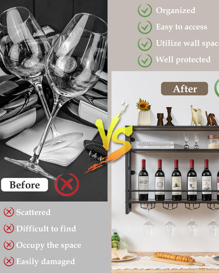 Giantex Industrial Wall-Mounted Wine Rack, 3 Tiers Metal Hanging Wine Shelf with Glass Holder