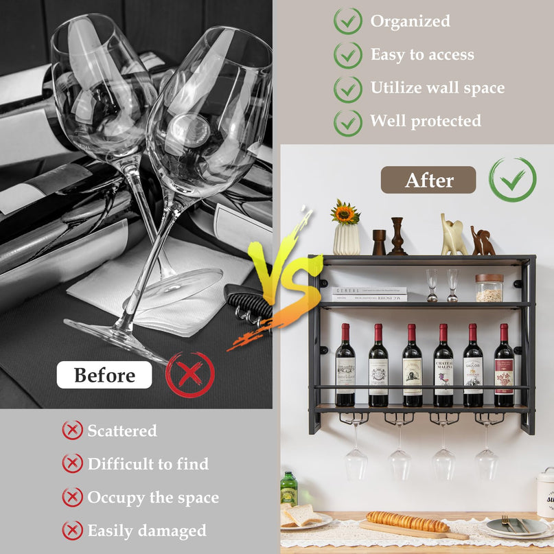 Giantex Industrial Wall-Mounted Wine Rack, 3 Tiers Metal Hanging Wine Shelf with Glass Holder