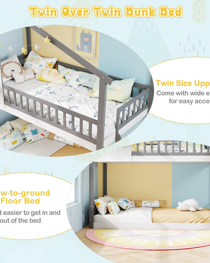 Giantex Solid Wood Floor Bunk Bed with Ladder and Full-Length Guardrails