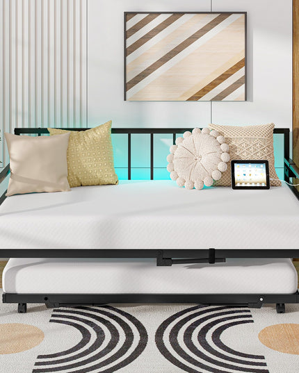 Giantex Twin Daybed with Trundle, Twin Bed Frame with Charging Station & LED Lights, Metal Trundle Bed Twin w/Steel Slats Support