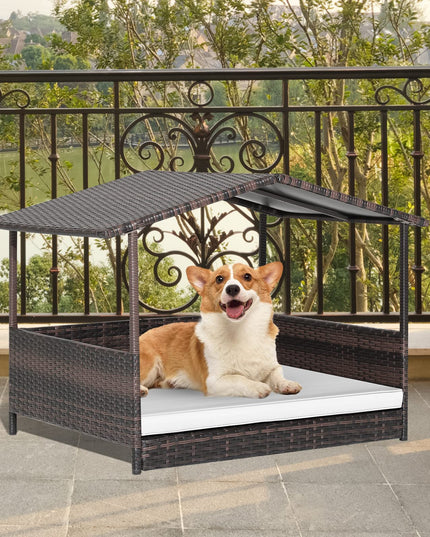 Giantex Wicker Dog House, Raised Rattan Dog Bed with Roof, Removable Cushion and Steel Frame