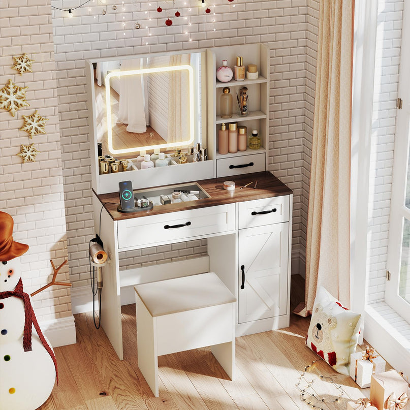 Glass Top Vanity Desk with Lighted Mirror