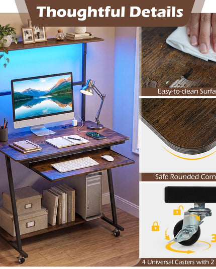 Giantex 31.5" Small Computer Desk with Charging Station & LED Lights
