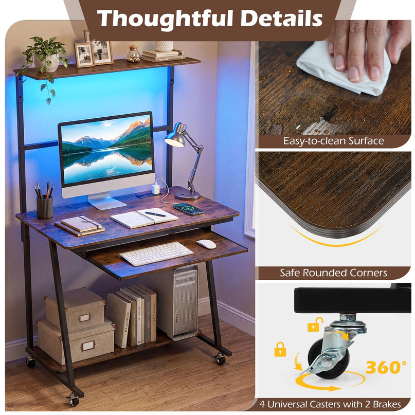 Giantex 31.5" Small Computer Desk with Charging Station & LED Lights