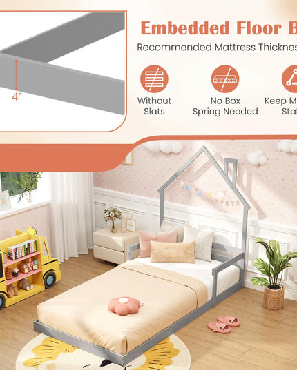 Giantex Twin Floor Bed for Kids, Wood Montessori Floor Bed with Chimney Headboard & Handrail