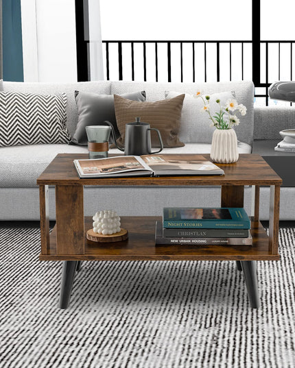 Giantex Retro Wood Coffee Table, 2-Tier Tea Table w/Open Storage Shelf & Supportive Legs