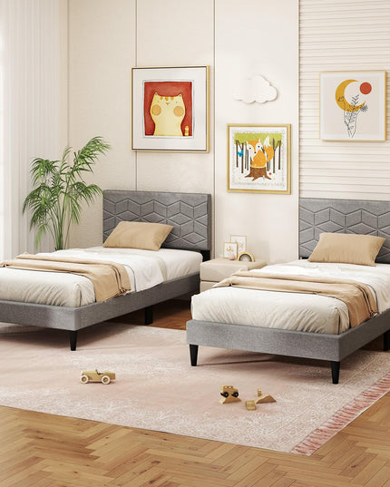 Lit plateforme moderne Giantex avec tête de lit géométrique en tissu de lin | Pas besoin de sommier tapissier