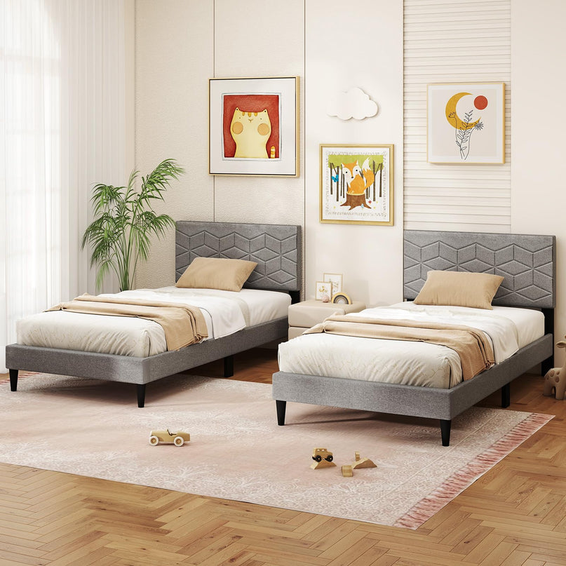 Giantex Modern Platform Bed with Linen Fabric Geometric Headboard | No Box Spring Needed