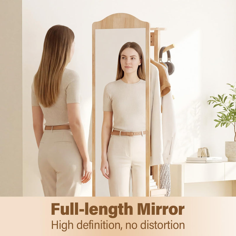 Giantex 66" x 19" Wood Floor Standing Mirror with 2 Clothes Rods