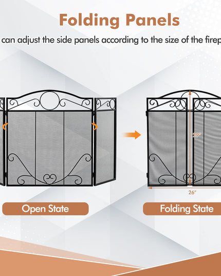 Giantex Foldable 3-Panel Fireplace Screen Black - 50x29 Inch No Assembly Required Freestanding Steel Mesh Fire Screen
