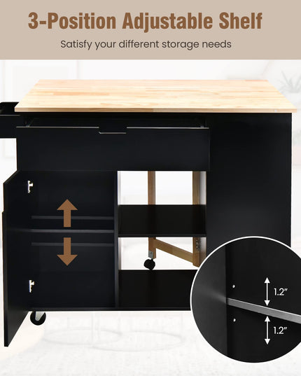 Giantex Kitchen Island Cart Drop-Leaf Countertop, Rubber Wood Breakfast Dining Table w/Large Drawer