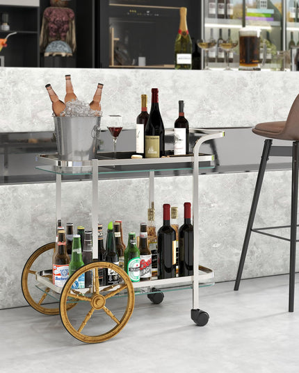 Giantex 2-Tier Bar Cart, Stylish Rolling Serving Cart w/Tempered Glass Shelves