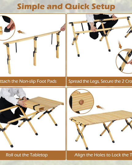 Giantex Portable Roll-Up Pine Wood Picnic Table with Carry Bag