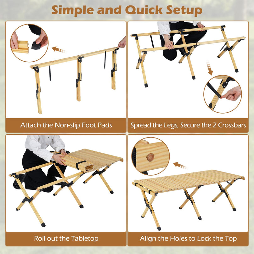 Giantex Portable Roll-Up Pine Wood Picnic Table with Carry Bag