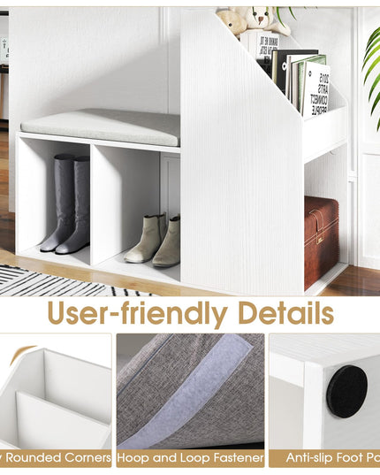Giantex Shoe Storage Bench, Entryway Bench w/Side Holder & Padded Seat Cushion, 3 Storage Compartments