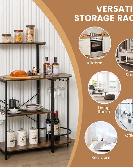 Giantex Kitchen Bakers Rack, 4-Tier Microwave Stand with 6 Hooks & Stemware Racks (Rustic Brown)