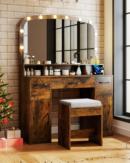 Large Vanity Desk with Arched Mirror and Lights for Bedroom