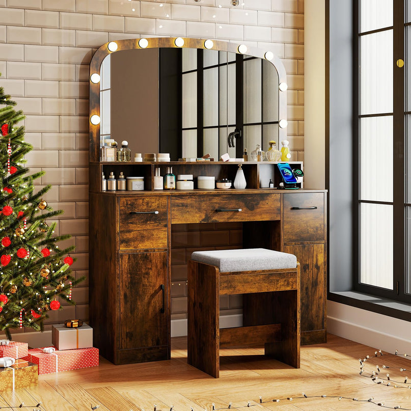 Large Vanity Desk with Arched Mirror and Lights for Bedroom