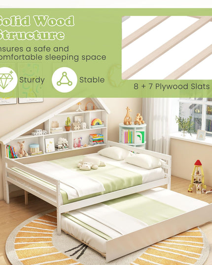 Giantex Full House Bed with Twin Trundle, Wood Daybed with 5 Cube Storage Bookcase & Headboard