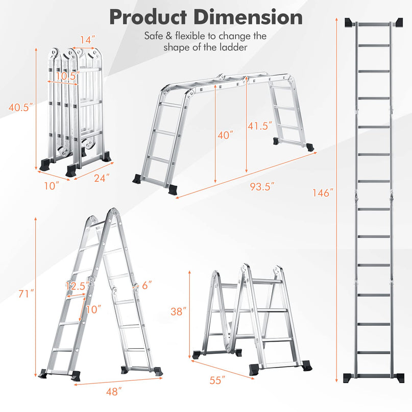 7 in 1 Folding Extension Ladders,Extendable Scaffold Aluminum Step Ladder 330LB (12.2 Ft)