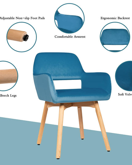 Set of 2 Velvet Dining Chairs, Modern Leisure Accent Living Room Chair w/Wood Legs, Non-Slip Foot Pads
