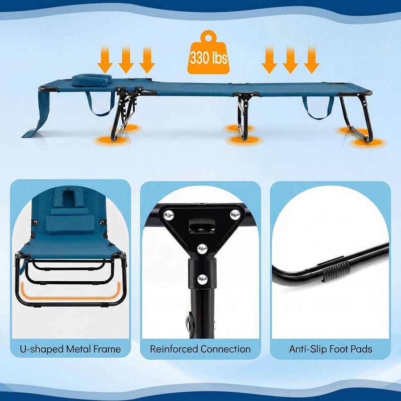 Giantex Folding Beach Tanning Chair - Adjustable Patio Lounge Chair w/Face Hole